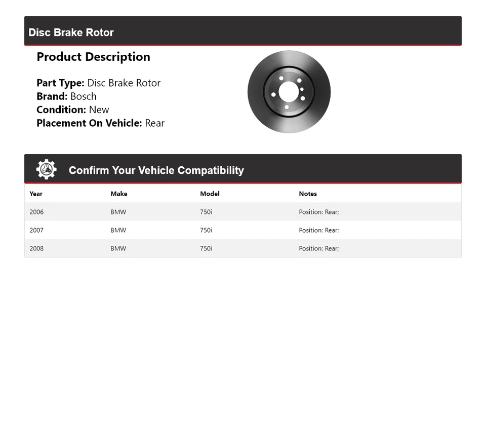 For 2006-2008 BMW 750i Bosch QuietCast Disc Brake Rotor Rear 2007 - Image 2 of 4