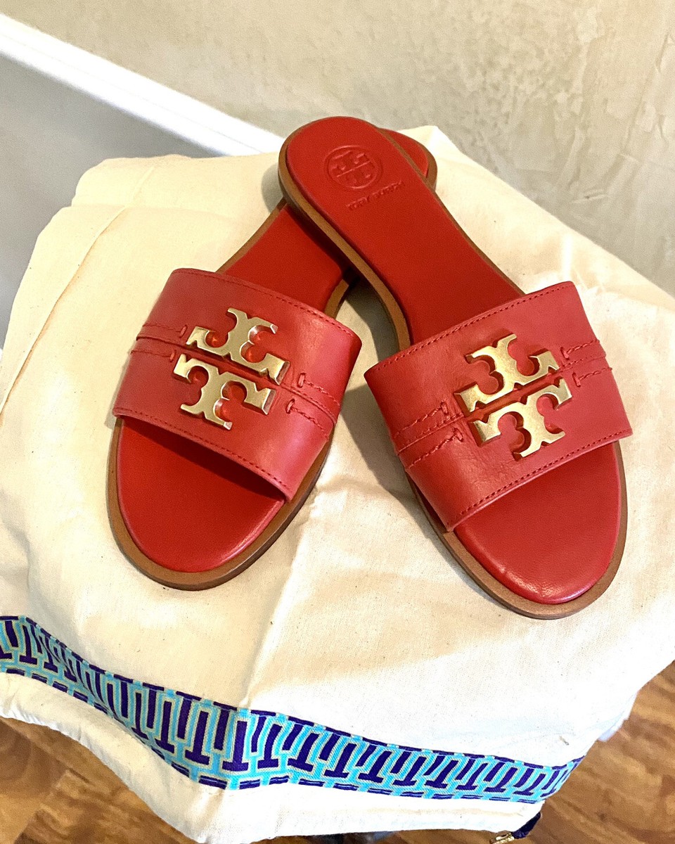 NIB TORY BURCH EVERLY SLIDE SANDAL US 5.5 LOGO BRILLIANT RED CALF