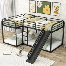 Full and Twin Size L-Shaped Bunk Bed with Slide and Short Ladder For Home School