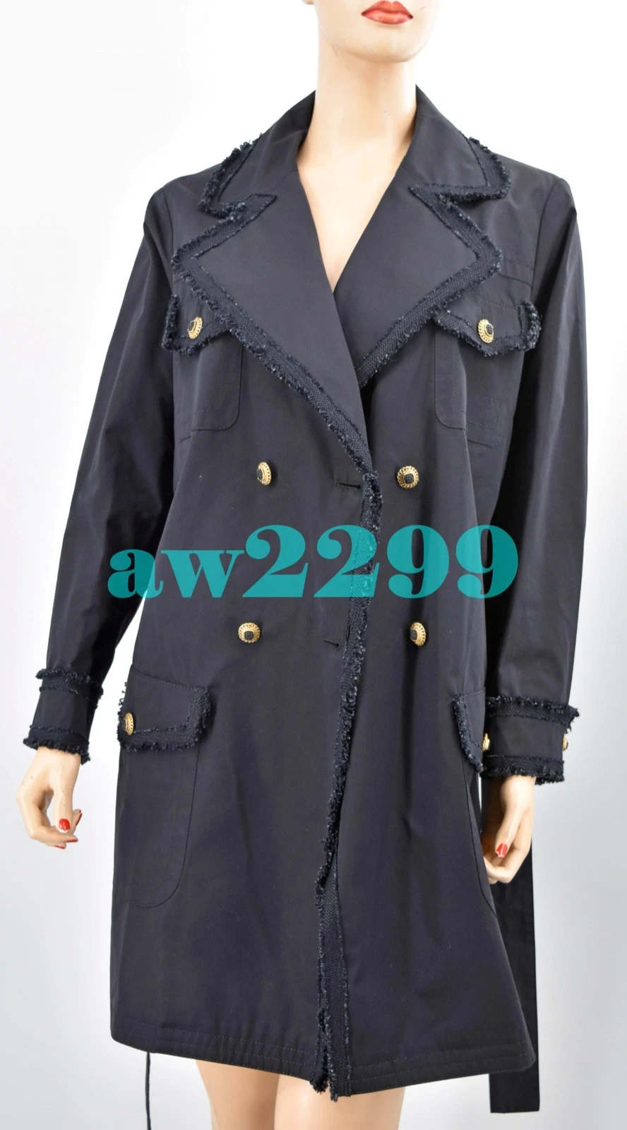 TRENCH CHANEL 10S 2010 PIÙ RICERCATO TWEED FRANGE CON FINITURE CINTURA FR 34 NERO