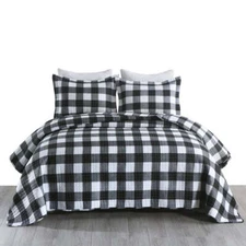 3 Pcs Buffalo Plaid Check Quilt Bedspread Set Gingham Bedding Set