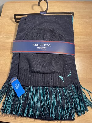 NAUTICA Logo Knit Hat Scarf Piece Set Navy And Aqua New