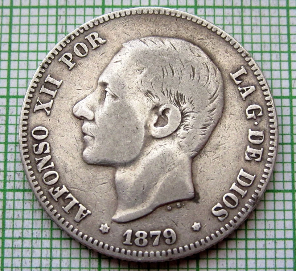 SPAIN ALFONSO XII 1879 2 PESETAS, Crowned Coat of Arms 0.835 SILVER PATINA - Image 2 of 4