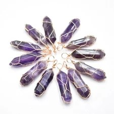 50pcs Natural Stone Amethysts Pillar Shape Handmade Golden Iron Wire Pendants