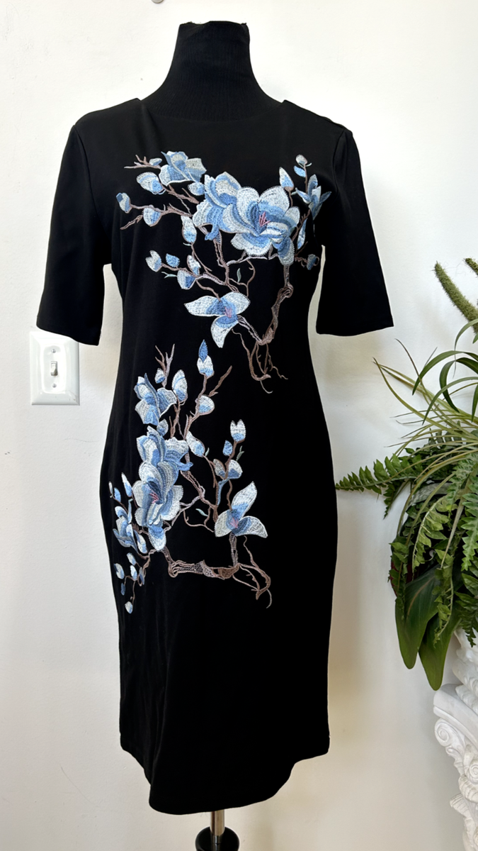 NWT Context Lord Taylor Women's Sheath Black Embroidery Floral Dress Size  M