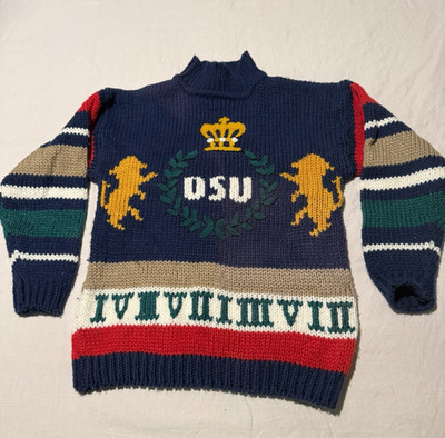 Vintage One Step Up Sweater Medium Green Red Blue Gold Knit OSU(University) Logo