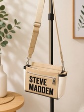 Steve Madden Beige Logo Small Crossbody Bag Zip Closure Adjustable Strap Silver