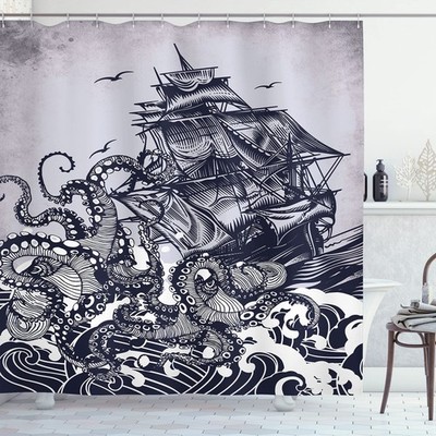Nautical Shower Curtain, Coastal Nature Theme Kraken Octopus Tentacles with S...