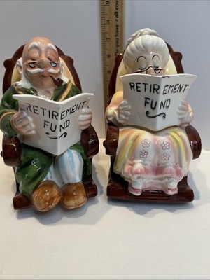 Lefton Vintage Grandma and Grandpa Retirement Fund Piggy Banks Rocking W/Plugs