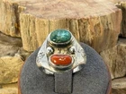 Vintage Native Navajo Sterling Silver Turquoise Coral Ring sz 8.5--735.26