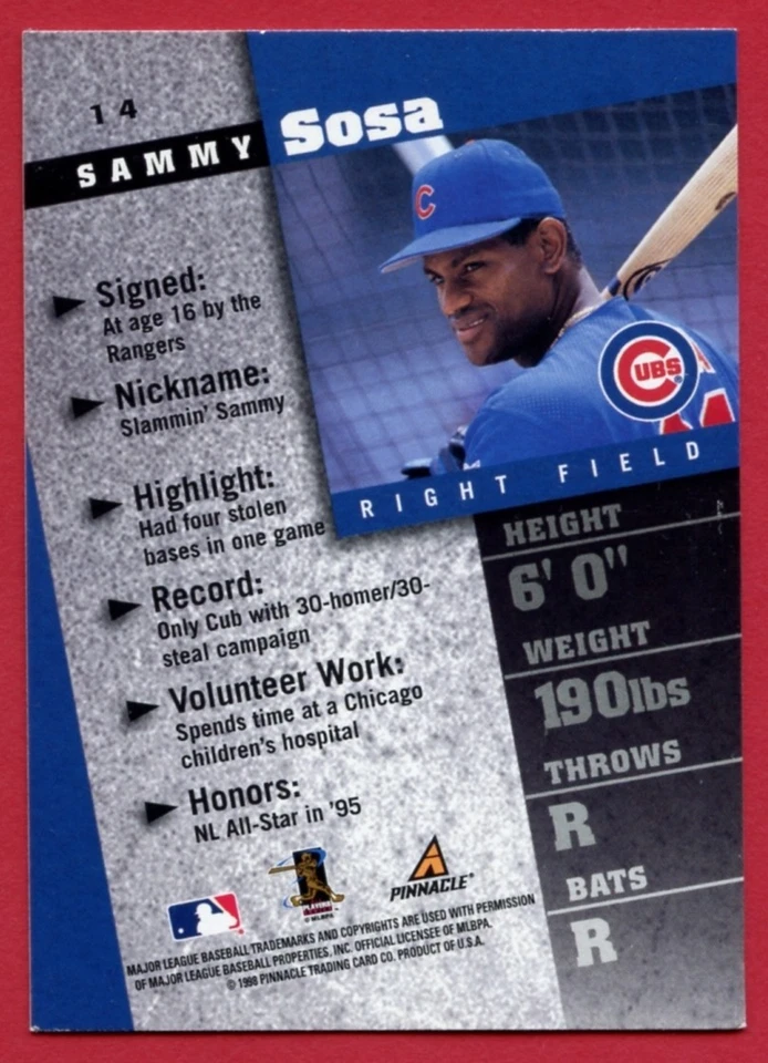 1998 Pinnacle Inside #14 * SAMMY SOSA * Chicago Cubs - Image 3 of 3
