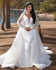 Deep V Long Sleeve Beaded Mermaid Wedding Dress With Detachable Overskirt