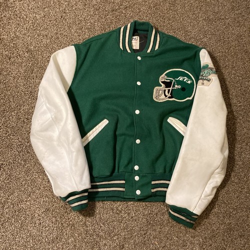 Vintage 80s 90s New York Jets Delong Script Wool Leather Jacket Sz 44 NFL - Picture 1 of 14