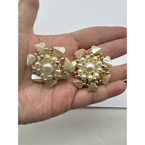 Vintage Starburst Floral Faux Pearl Clip On Earrings Gold Tone Large Statement - Image 1
