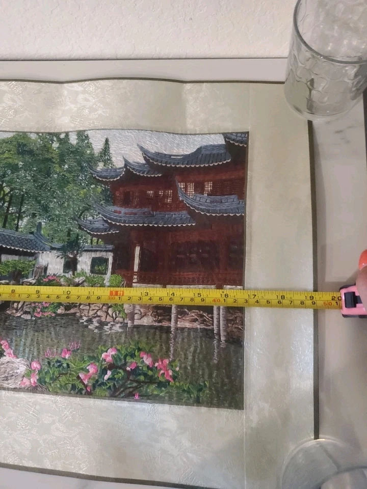 Vintage Chinese Silk Art Thread Embroidered Needlework Asian Landscape Pagoda 2 - Image 3 of 4