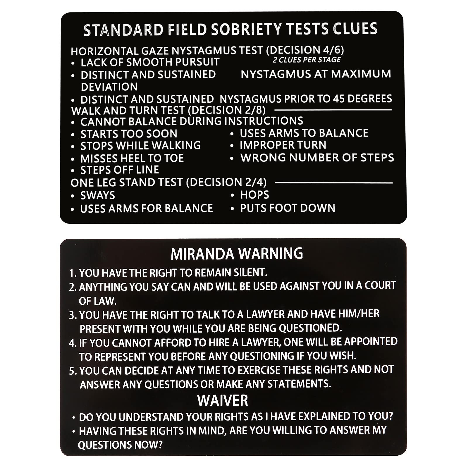 3PCS Laser Black Metal Miranda Warning Card/SFST Standard Field Sobriety Test...