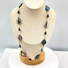 VTG Mother of Pearl Abalone & Black Crystal Beads Station Necklace - Silver Tone