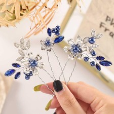 Crystal Bride Wedding Hair Pins Silver Pearl Bridal Pieces Flower Blue 3 Pack