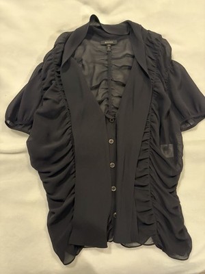 Escada Ruched Blouse Black Silk Size 36 Dressy Vintage Short Sleeve Sheer Tie
