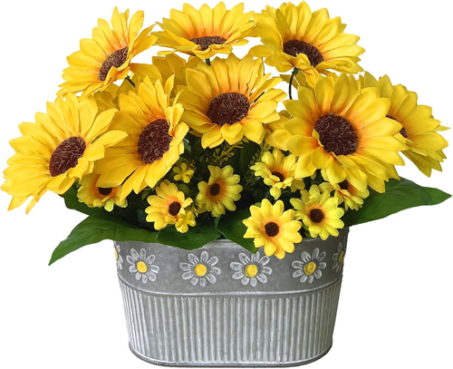 Artificial Flowers Fake Sunflowers in Pot, Faux Silk Flowers Floral ...
