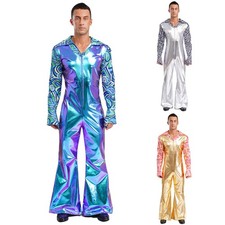 US YiZYiF Men Shiny 70s Disco Dance Costume Print Patchwork Flared Leg Jumpsuit