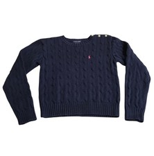 Vintage Ralph Lauren Sweater Youth 6X Navy Blue Cable Knit Buttons Pony Preppy