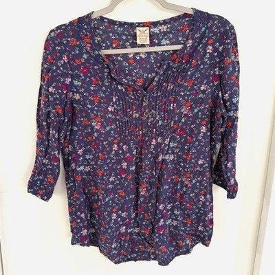 Faded Glory Women's Pleated Blue Floral Wildflower Print Blouse V-Neck Size M