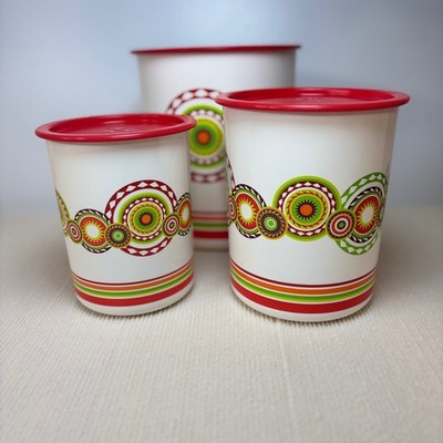 Vintage Tupperware Canister Set 3 Red Orange Green Fiesta Mexico Psychedelic