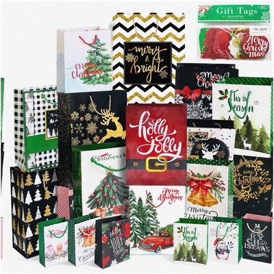 Xmas Wrap & Tag Set: 24 Bulk Gift Paper Bags with Handles &