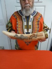 W-ELE-2) FAUX REPLICA ELEPHANT TUSK Zebra brass capped etched artwork