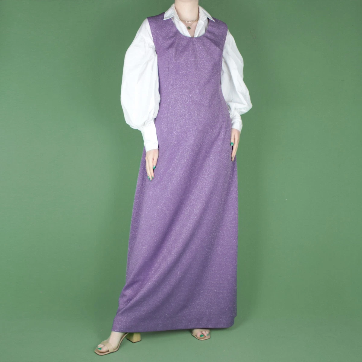 VINTAGE 70s 80s Maxi Long Purple Silver Metallic Knit Mod Glitter