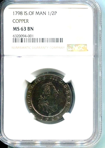 ISLE OF MAN 1798 HALFPENCE COPPER NGC MS63 BN