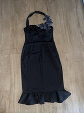 Oli Black Bodycon Midi Ruffle Hem Dress Size 8 Occasion Halterneck Party Stylish