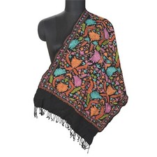 Sanskriti Vintage Black Pure Woolen Handmade Ari Work Shawl Long Throw Stole