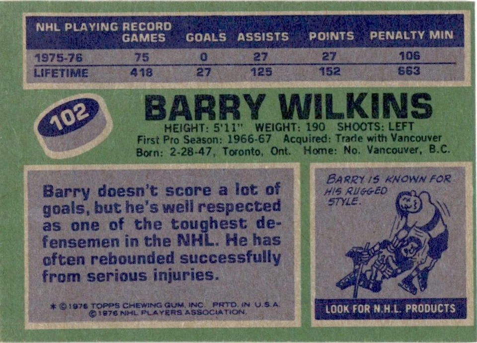 1976 Topps #102 Barry Wilkins Pittsburgh Penguins EX - Image 2 of 2