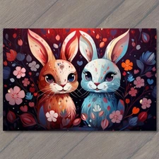 Art Print Cute Bunnies Surrounded Flowers Heartwarming Valentine’s Scene 🐰🌸💖