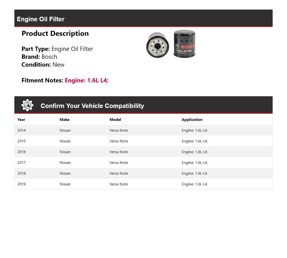 Filtro de aceite premium Bosch para Nissan Versa Note 2014-2019 1,6 L4 2015 2016 2017 Foto 2 de 3