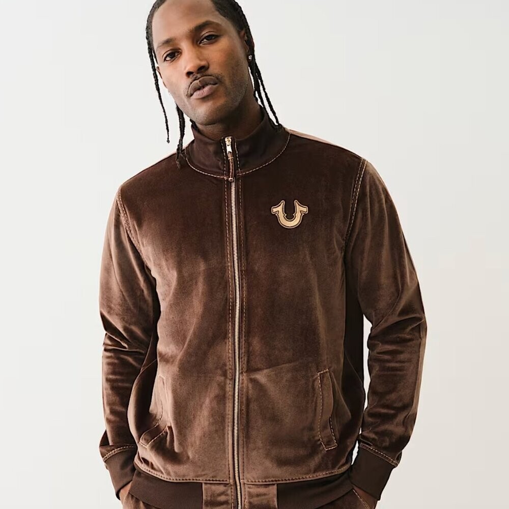 NWT TRUE RELIGION MEN’S BIG T VELVET MOCK NECK ZIP UP JACKET BRACKEN/GOLD thumbnail 4