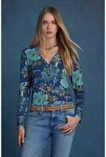 Johnny Was Janie Favorite Henley Peonee Long Blue Tee Floral Shirt Top Small NEW