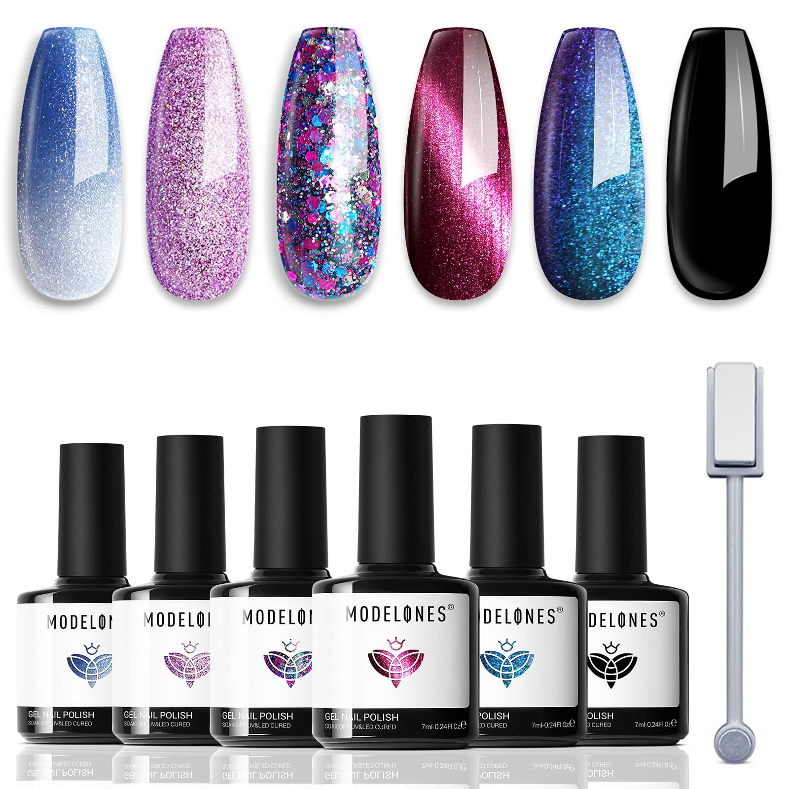 Glitter Gel Nail Polish Set 6 Colors Fall Winter Color Changing Blue Cat Eye ...