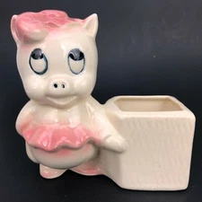 Vintage Pig Figural Planter Art Ceramic Planter Pink Piggy Girl Bow Curly Tail 