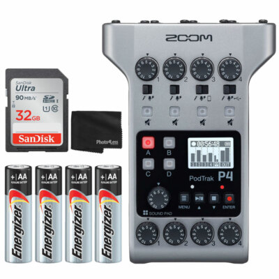 Zoom PodTrak P4 Portable Multitrack Podcast Recorder + 32GB Card + AA Batteries