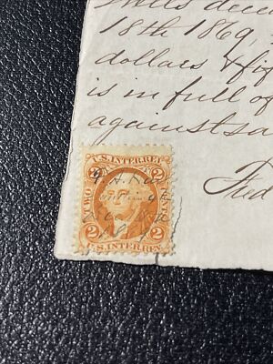 1862-1871 G.Washington 2 Cent Orange Internal Revenue Stamp Hand