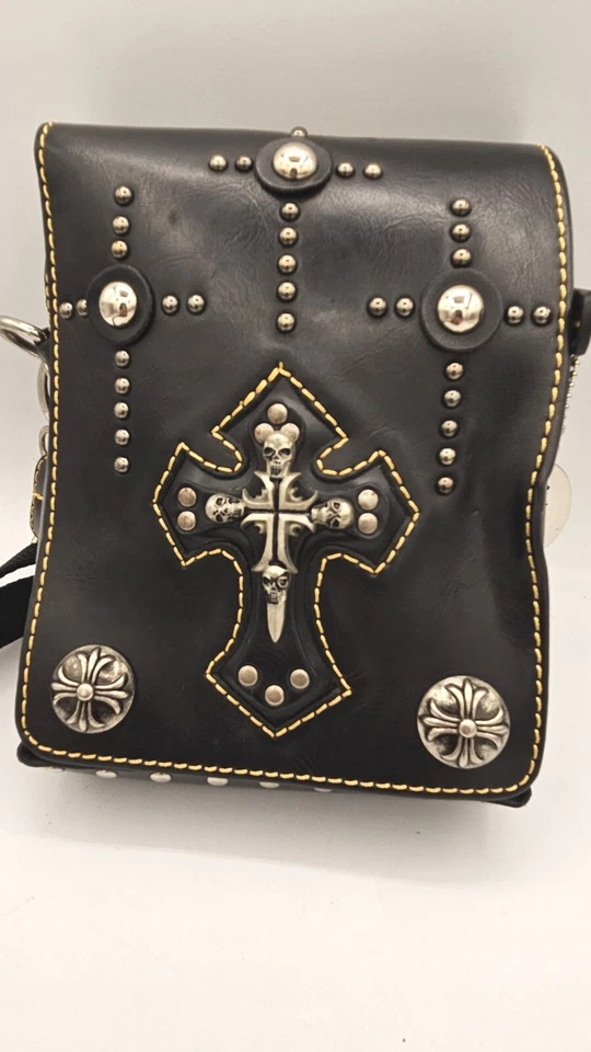 Bolso de Hombro Cartera DE COLECCIÓN ALMA DE LA ROSA CUERO NEGRO HECHO A MANO CALAVERA CRUZ Foto 2 de 4