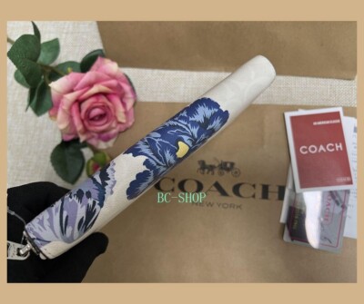 COACH F6656 Long zip wallet Signature White & Blue flowers chalk