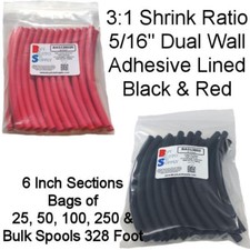 5/16" 3:1 Adhesive Lined Dual Wall Heat Shrink Tubing Black  Red - 6" Sections
