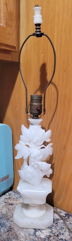 1920s carved leaves, bird and grape alabaster lamp