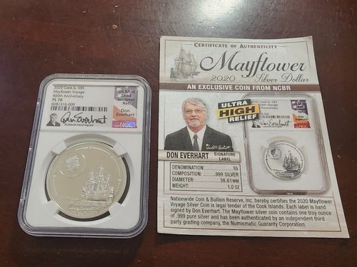 2020 MAYFLOWER VOYAGE Cook Islands $5 400th Anniv NGC PL70 Don Everhart Signed
