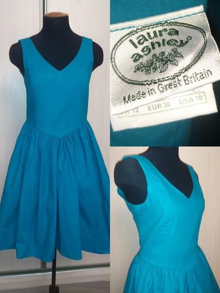 Women Laura Ashley Dress Turquoise Cotton 32 / XXS