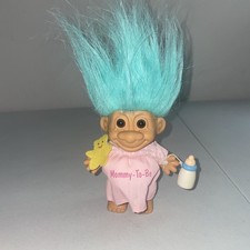 Russ Berrie Vintage "Mommy-To-Be" Teal Hair Troll Doll w Baby Bottle Yellow Bear